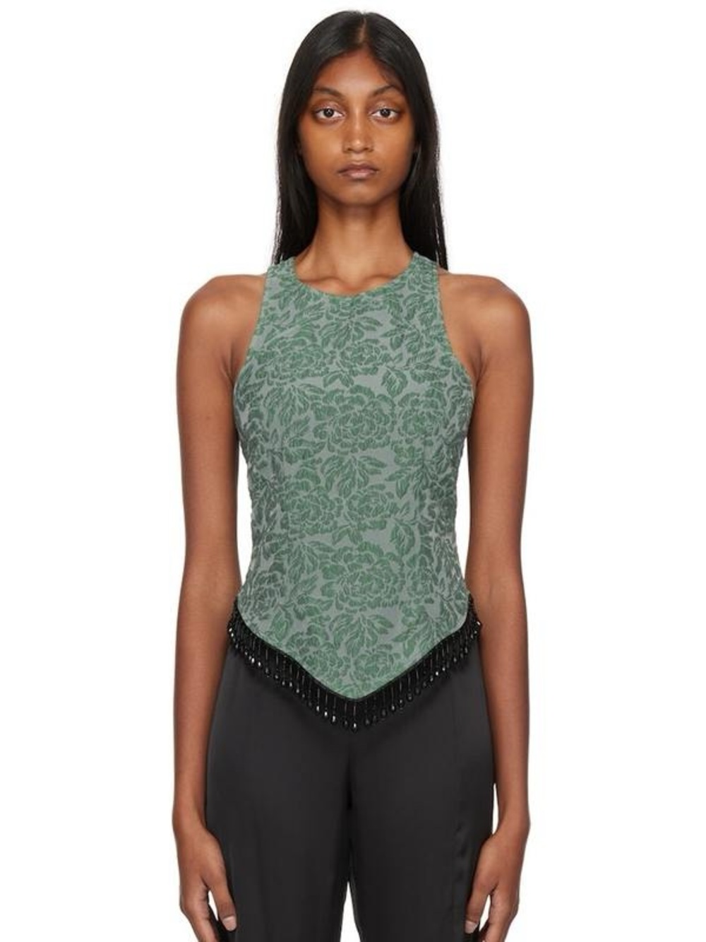 GANNI Green Floral Jacquard Tank with Beaded Hem